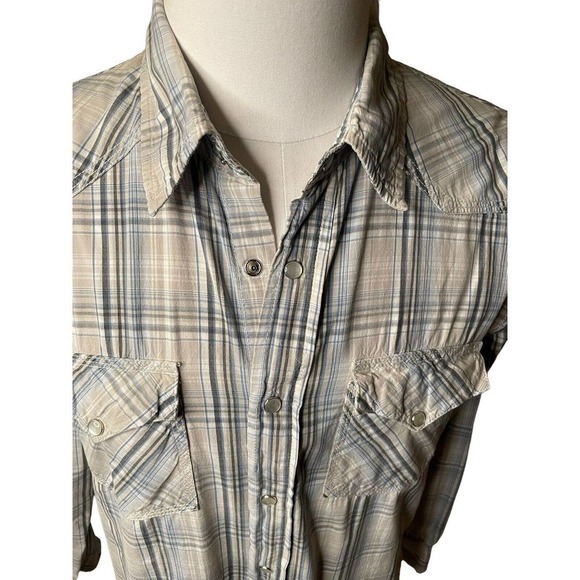 BKE Shirt Mens Pearl Snap Plaid Buckle Athletic Fit Western Tan Blue Large - Picture 2 of 10